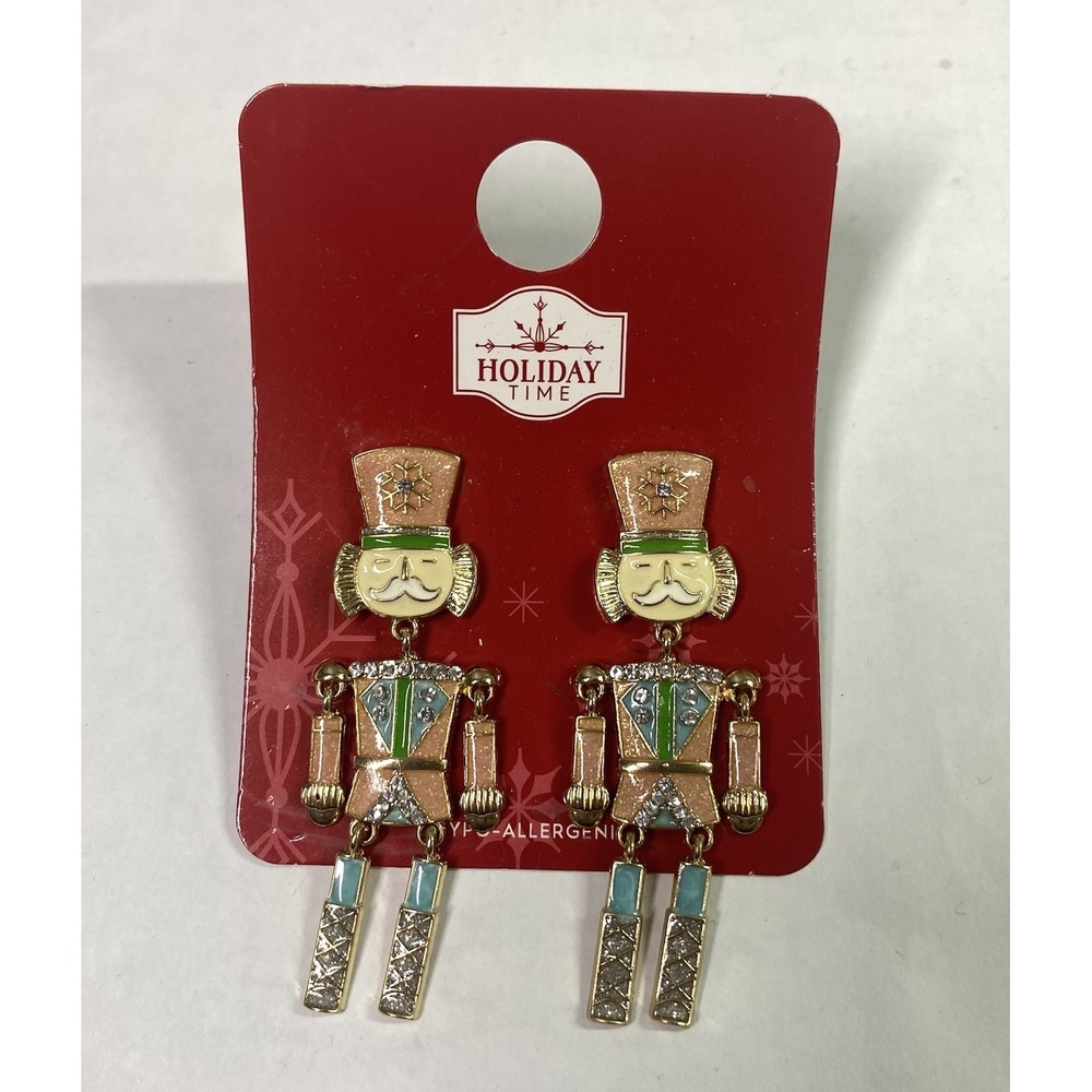Holiday Time Women Dangle Earrings Pink/Green/Blue/Gold Nutcrackers 3" Long NEW